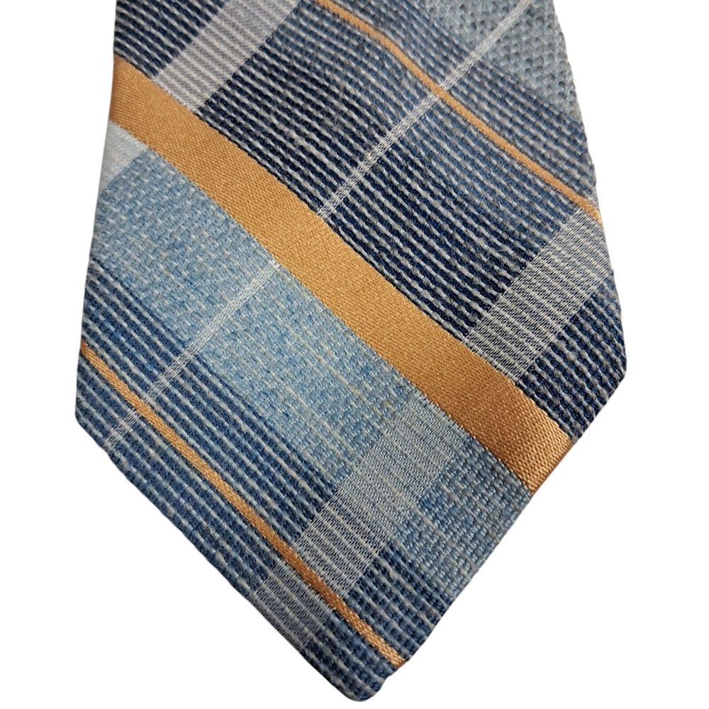 Handmade Vintage Plaid Necktie Blue Yellow Textured Polyester 3x58 Elegant Party - Picture 6 of 7